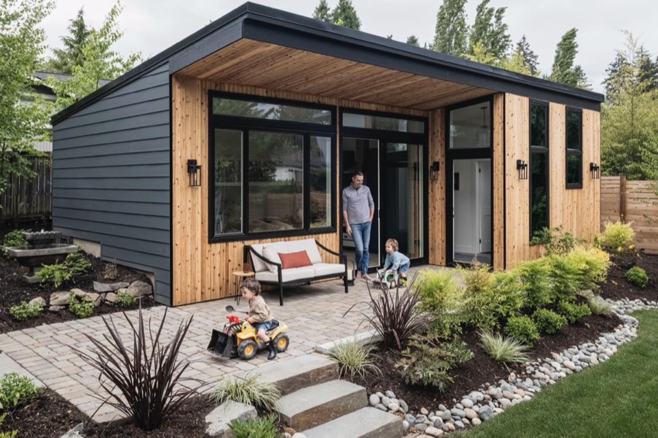 Detached ADU built by NW Build with dark siding, cedar accents and full-height glazing onto a garden.